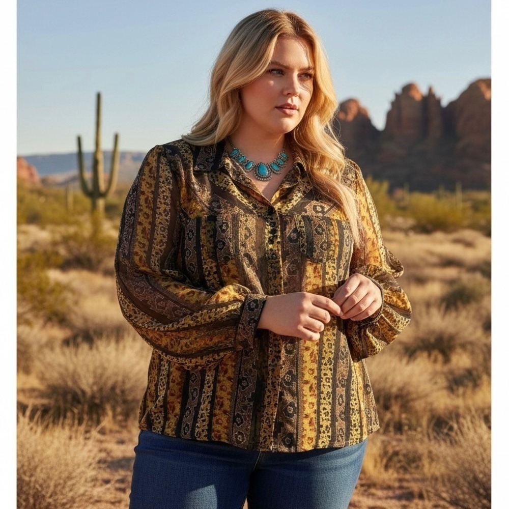 Animal Leopard Cheetah Shirt Blouse Top Size 2x Western‎ Indie Alternative